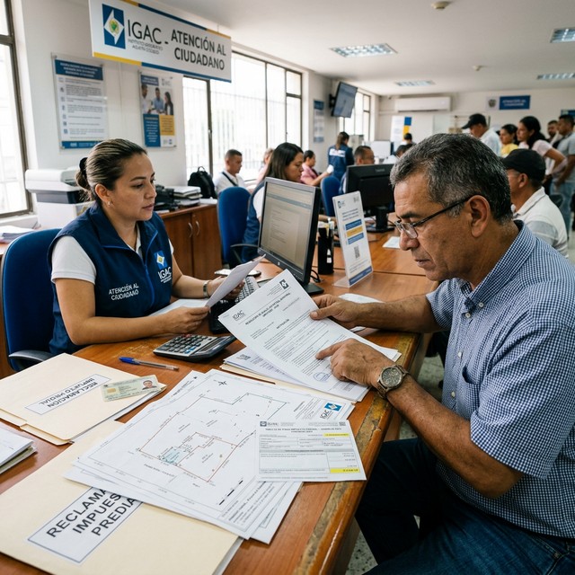 Propietario revisando avaluo catastral en oficina del IGAC Colombia