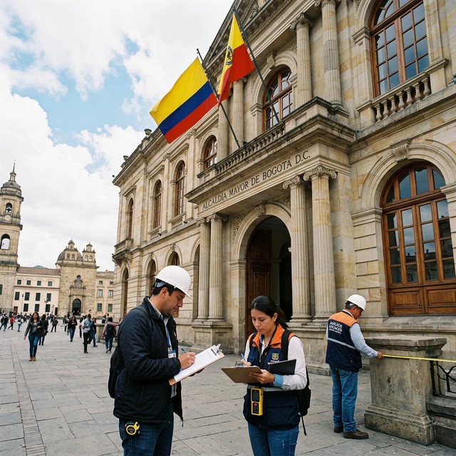 Avaluadores profesionales inspeccionando edificio publico en Bogota Colombia