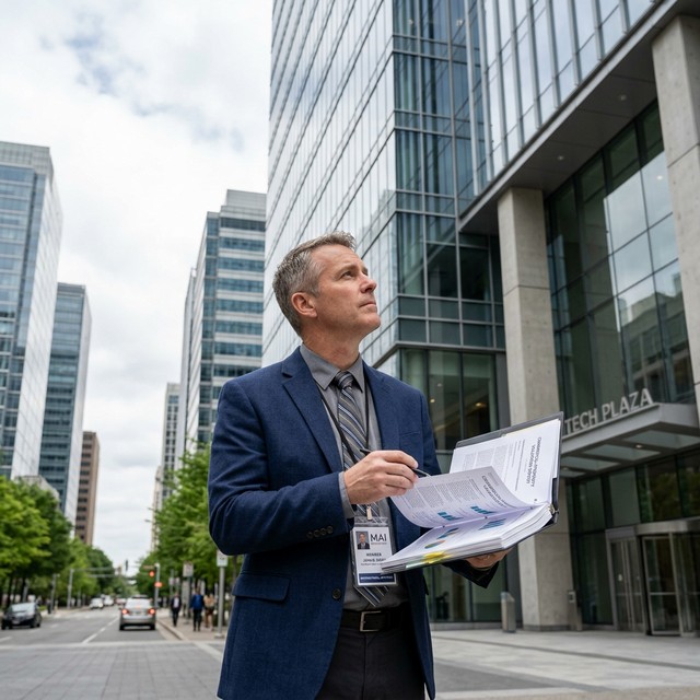 Avaluador con credencial MAI inspeccionando edificio comercial internacional