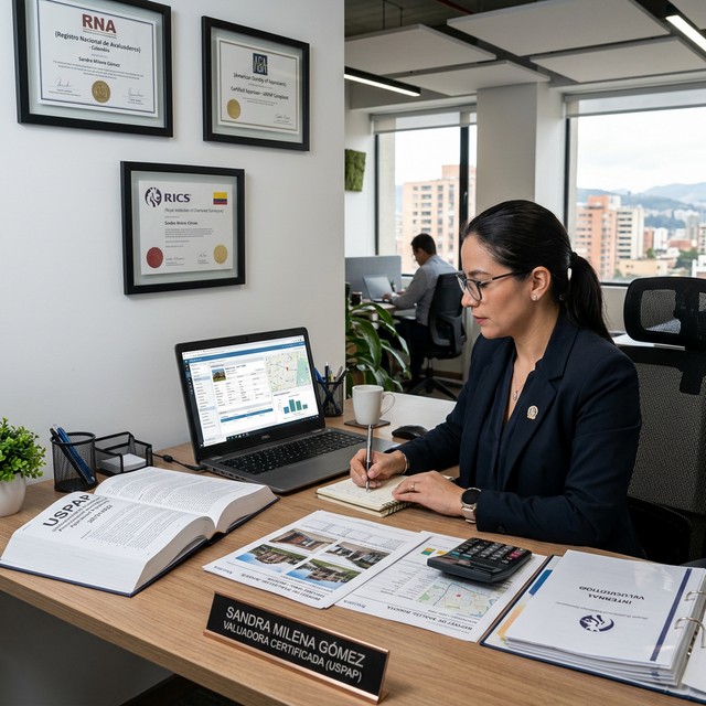 Avaluadora certificada USPAP realizando valoracion profesional en oficina