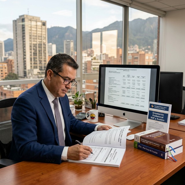 Contador revisando normas NIIF obligatorias para avaluos en estados financieros Colombia