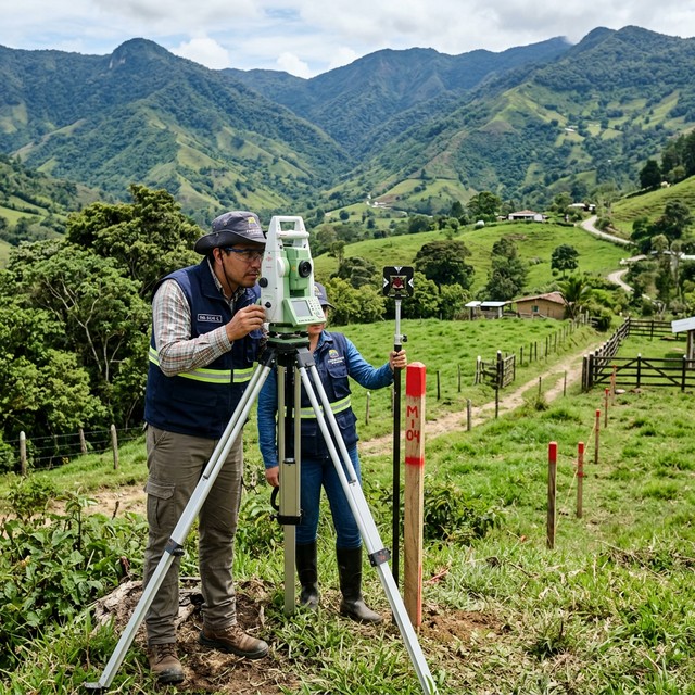 Topógrafo realizando deslinde y amojonamiento de terreno en Colombia
