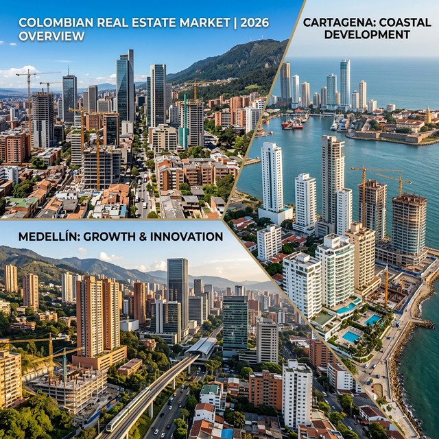 Mercado inmobiliario Colombia 2026 con vistas de Bogota Medellin y Cartagena